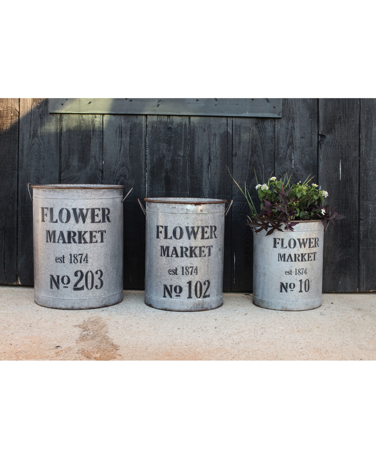 Decorative Round Metal Buckets with Handles and "Flower Market" Text, Distressed Silver, Set of 3 Sizes - Distressed Gray