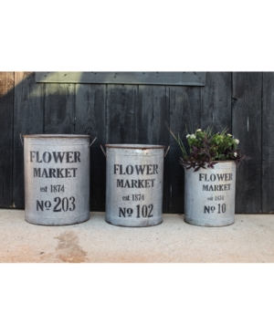 Shop 3r Studio Decorative Round Metal Buckets With Handles And "flower Market" Text, Distressed Silver, Set Of 3 Si In Distressed Gray
