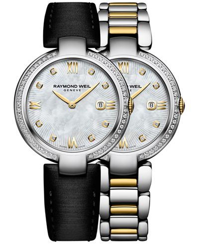 Raymond Weil Women's Swiss Shine Diamond (1/3 ct. t.w.) Two-Tone PVD Stainless Steel Bracelet Watch with Interchangeable Black Satin Strap 32mm 1600-SPS-00995