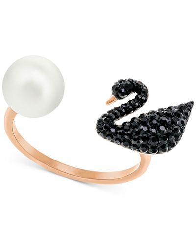 Swarovski Rose Gold-Tone Imitation Pearl and Black Pavé Swan Ring