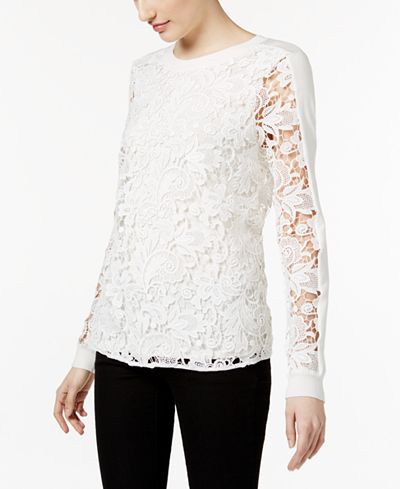 INC International Concepts Long-Sleeve Lace-Contrast Top, Only at Macy's