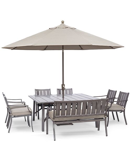 wayland outdoor aluminum 8-pc. dining set (64 square dining table, 6 dining  chairs & 1 bench) with sunbrella® cushions, created for macy's