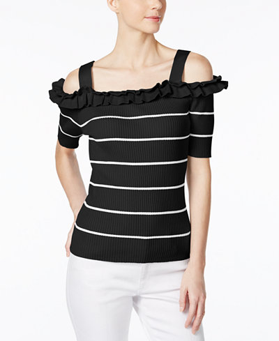 Grace Elements Ruffled Cold-Shoulder Sweater