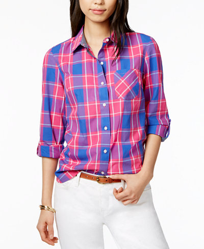 Tommy Hilfiger Cotton Plaid Roll-Tab Shirt, Only at Macy's