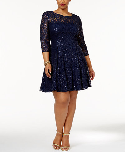 SL Fashions Plus Size Sequined Lace Fit & Flare Dress