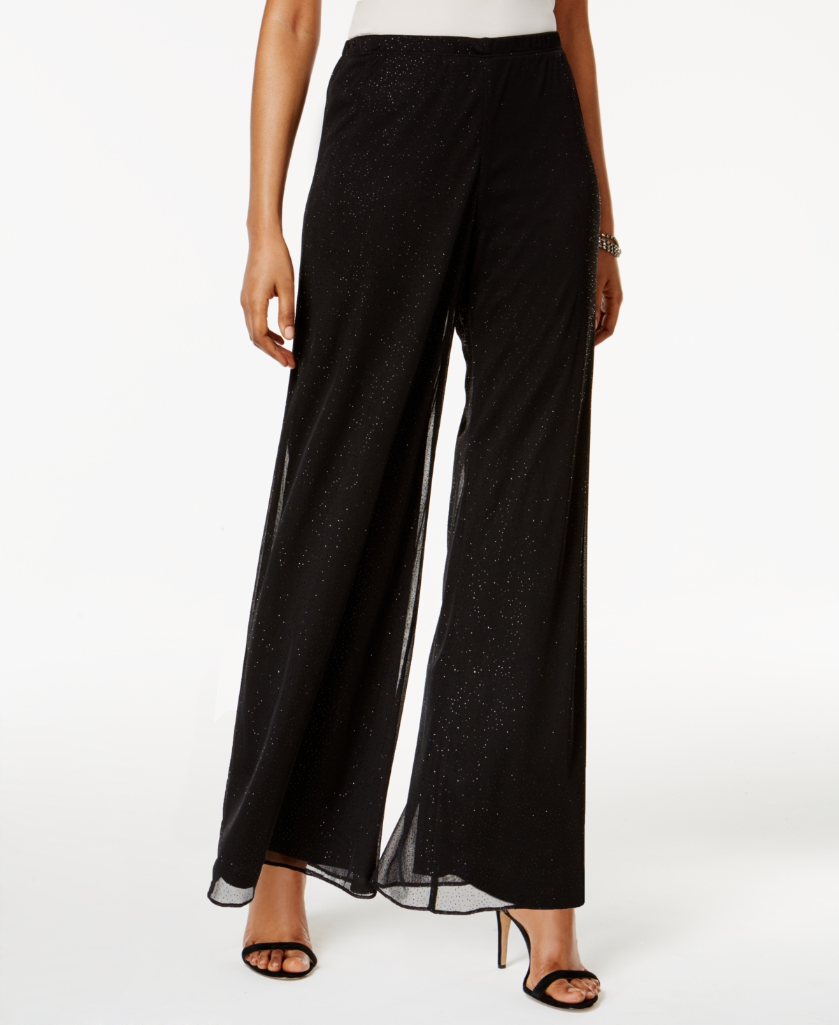 Petite Mesh Sparkle Wide-Leg Pants - Black