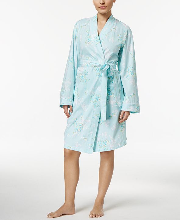 Charter Club LaceTrimmed Printed Cotton Knit Short Wrap Robe, Created