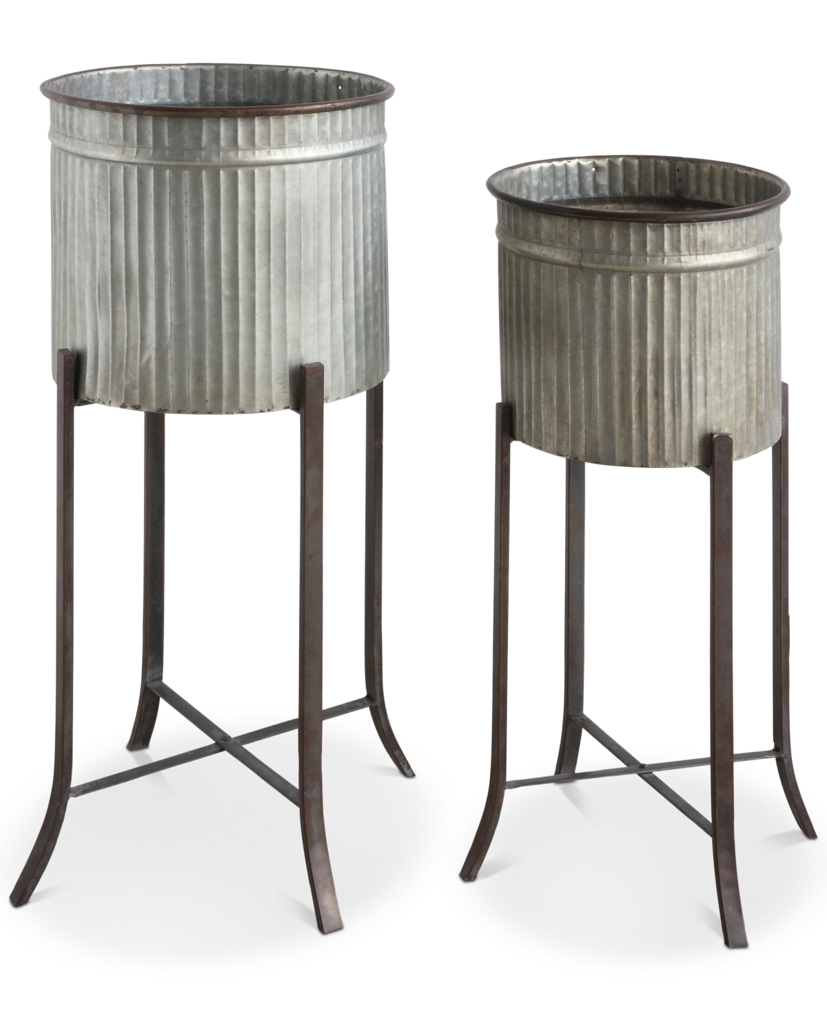 Round Corrugated Metal Planters on Stands, Silver and Black, Set of 2 - Silver