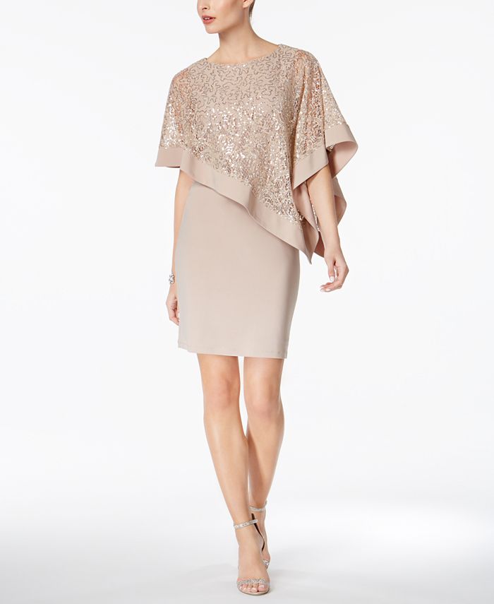 R & M Richards Women's Sequined Cape Sheath Dress Brown Size 4 Petite