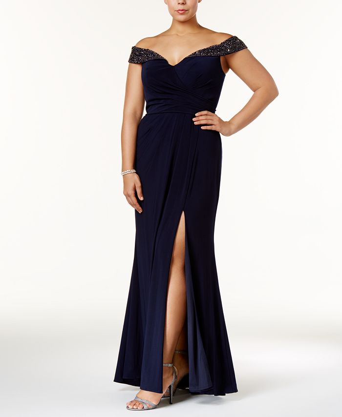 XSCAPE Plus Size Embellished Off-The-Shoulder Gown - Macy's