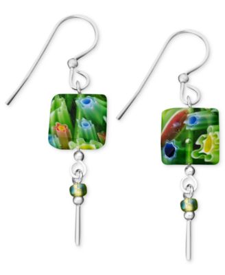 Jody Coyote - Sterling Silver Earrings, Small Square Green Glass Drop