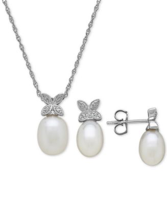 Macy&#39;s Cultured Freshwater Pearl & Diamond Accent Jewelry Set in Sterling Silver - Jewelry ...