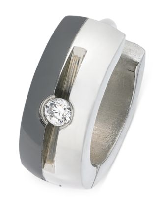 Sutton by Rhona Sutton - Men's Two-Tone Stainless Steel Cubic Zirconia Huggie Hoop Earring