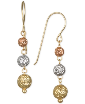 image of Tri-Color Textured Ball Triple Drop Earrings in 10k Yellow, White and Rose Gold