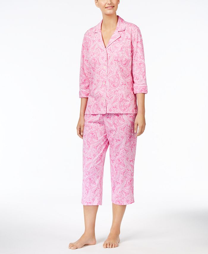 Lauren Ralph Lauren 3/4 Sleeve Cotton Notch Collar Capri Pant Pajama