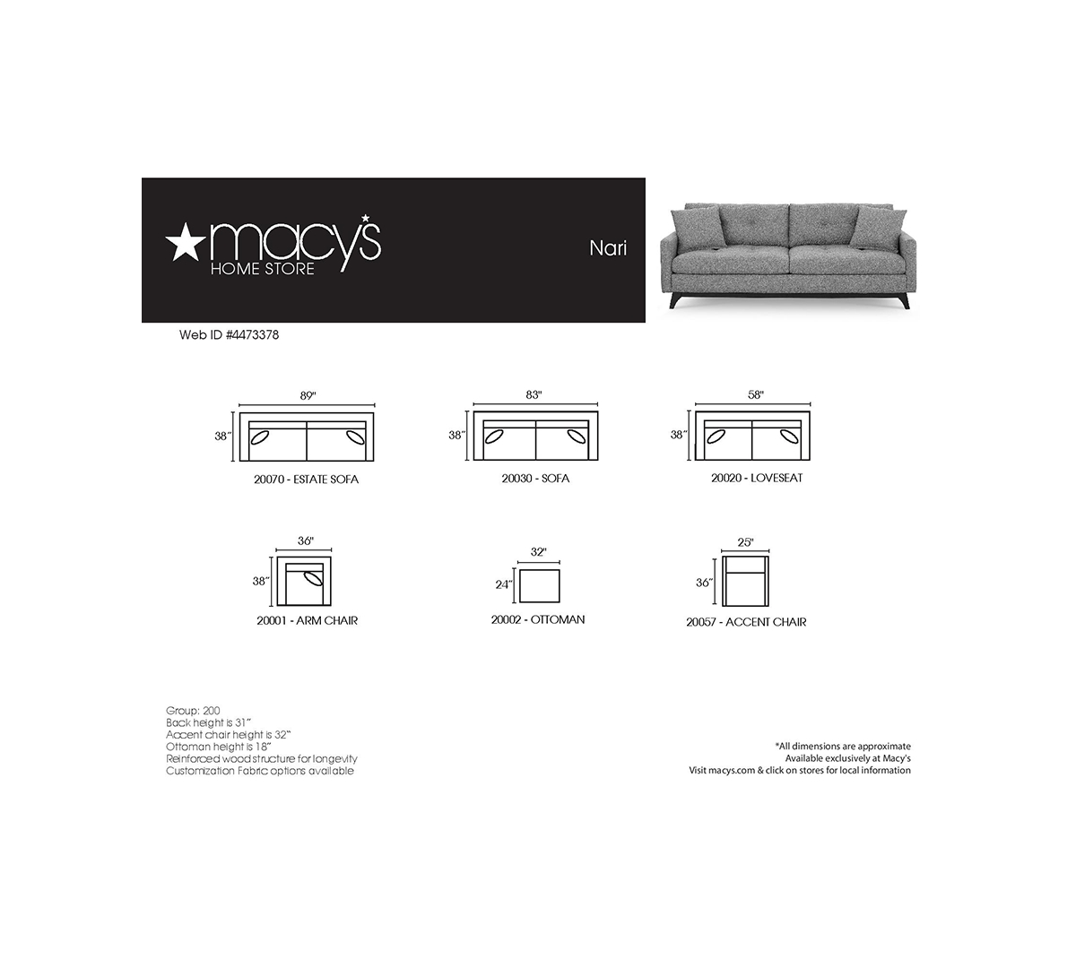 MACY'S NARI 58" FABRIC TUFTED LOVESEAT, CREATED FOR MACY'S 