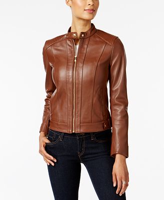 Cole Haan Leather Moto Jacket - Women - Macy's