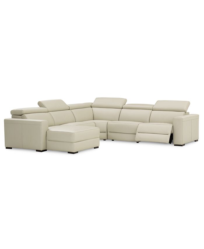 Furniture Nevio 124" 5pc Leather Sectional Sofa with Chaise, 1 Power