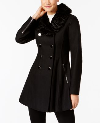 GUESS Faux-Fur-Collar Double Breasted Skirted Coat, Created for Macy's ...