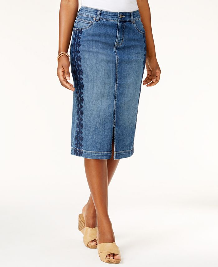 Knee length shop embroidered denim skirt