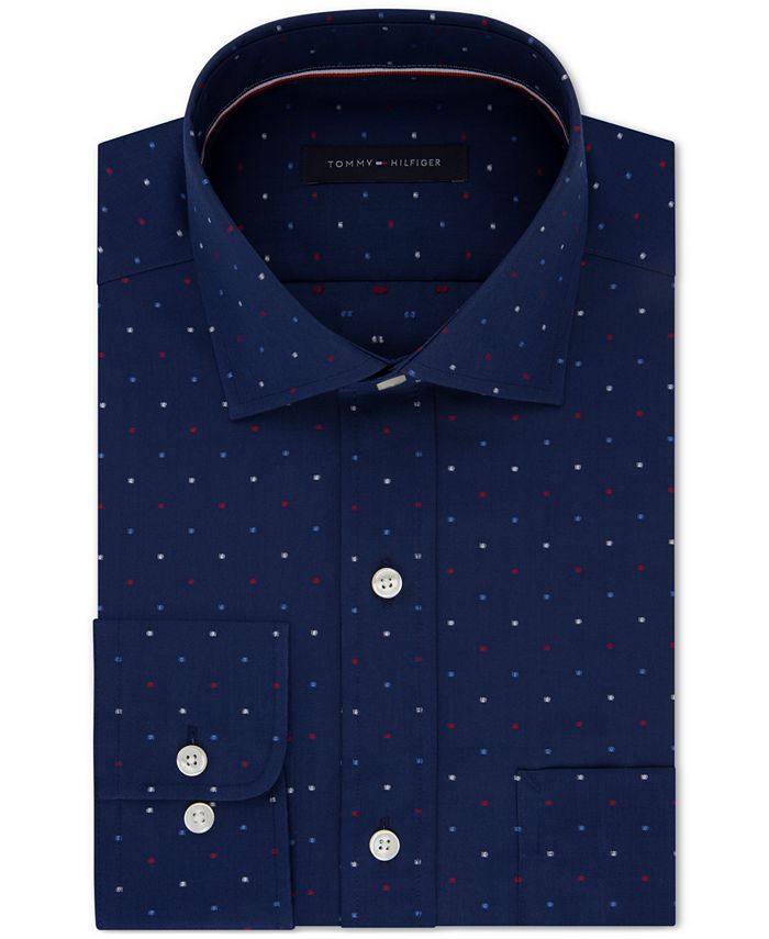 Tommy Hilfiger Men's Classic Fit Non-Iron Navy Dot Print Dress Shirt ...