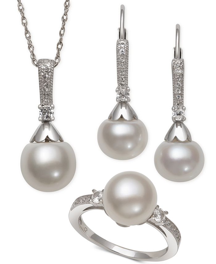 Macy's - Cultured Freshwater Pearl (8-9mm) & White Topaz (1/2 ct. t.w.) Drop Earrings, Pendant Necklace and Ring Set in Sterling Silver