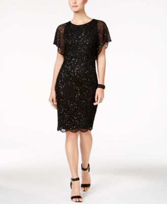 sequin beaded cocktail dress with flutter sleeves and scallop trim