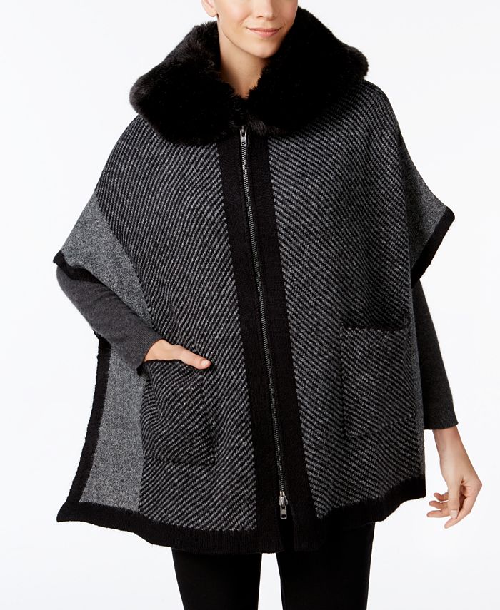 Steve Madden Zip-Front Faux-Fur Hooded Poncho Macy's