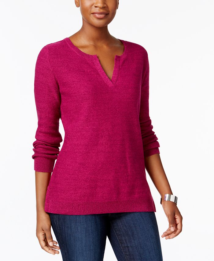 Karen Scott Cotton Split-Neck Sweater, Created for Macy's - Macy's
