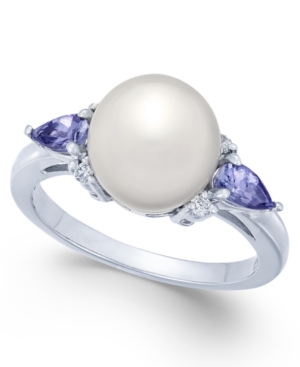 image of Cultured Freshwater Pearl (9mm), Tanzanite (3/8 ct. t.w.) & Diamond Accent Ring in 14k White Gold