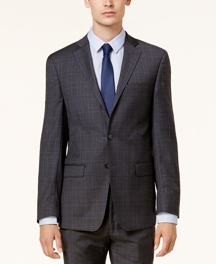 Calvin Klein Men's Slim-Fit Dark Gray & Blue Plaid Suit & Reviews ...