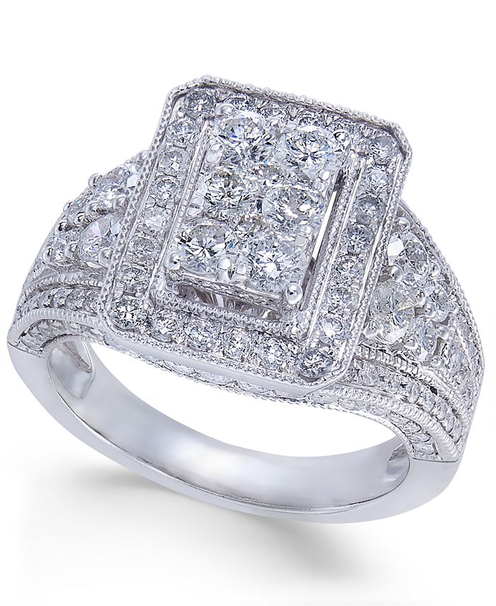 Macy's Diamond Cluster Engagement Ring (2 ct. t.w.) in 14k White Gold ...