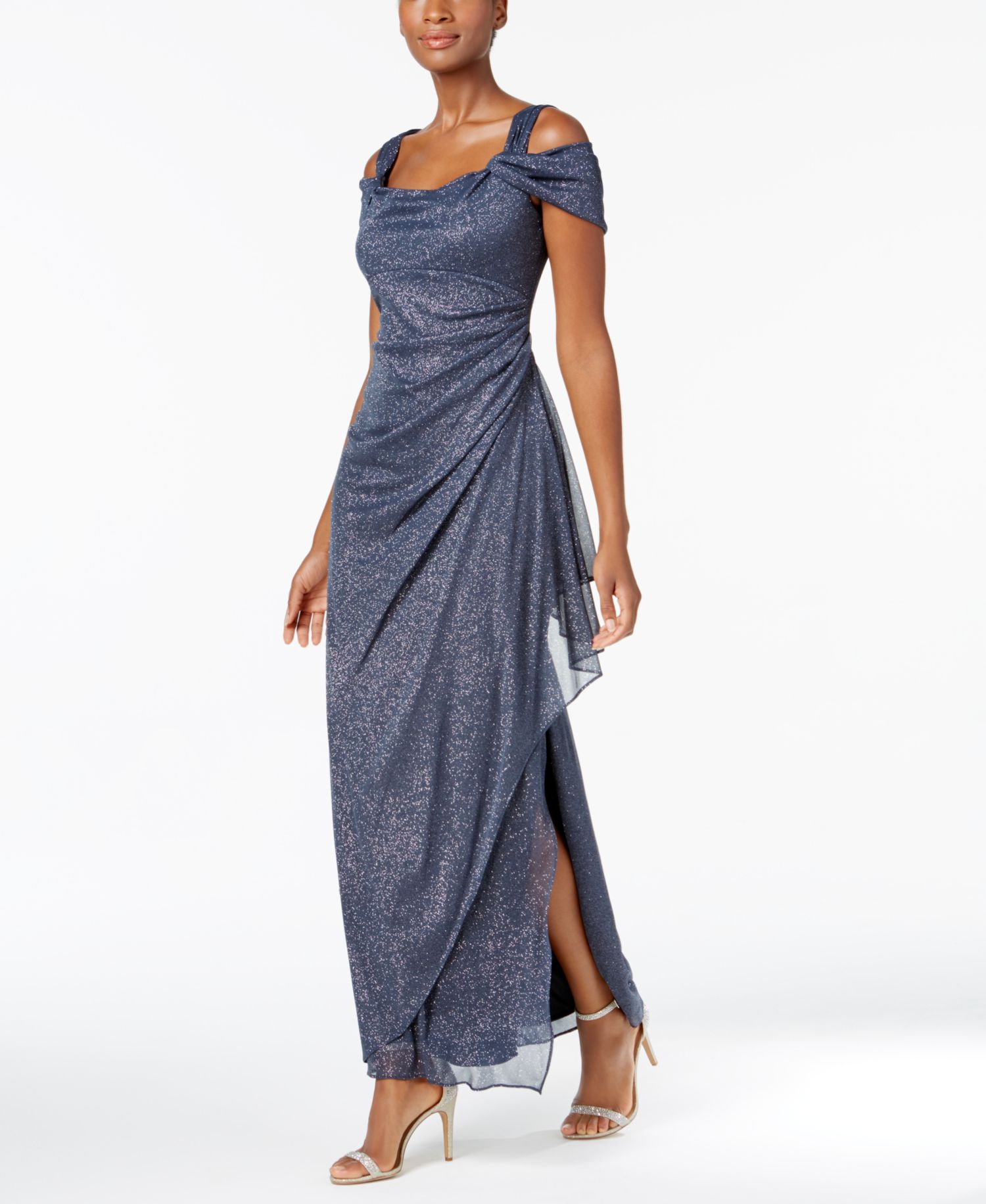 Women's Cold-Shoulder Draped Metallic Gown