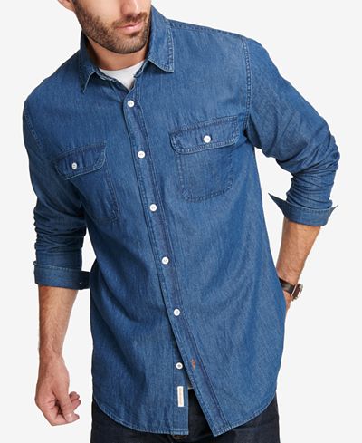 denim shirt indigo shirts button down weatherproof casual mens