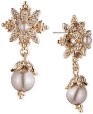 Marchesa Gold-Tone Crystal & Imitation Pearl Drop Earrings - Macy's