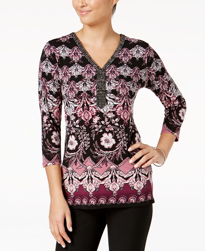 JM Collection Petite Printed Embellished-Neck Top, Created for Macy's ...