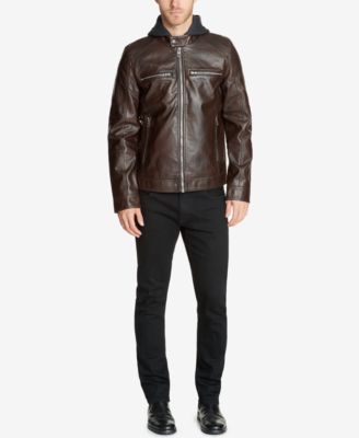 guess men's leather jacket with hood