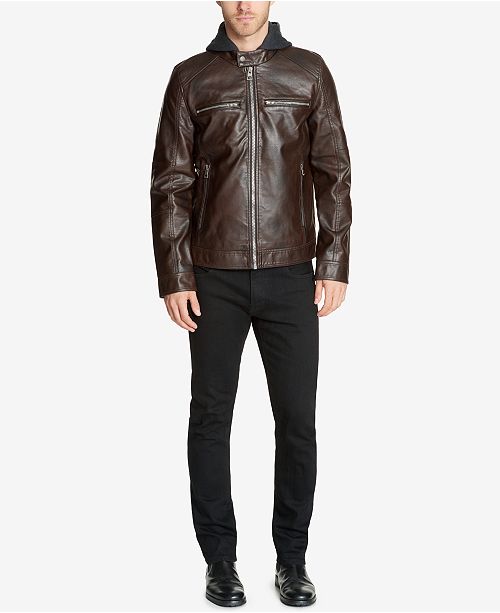 GUESS Men's FauxLeather DetachableHood Motorcycle Jacket & Reviews