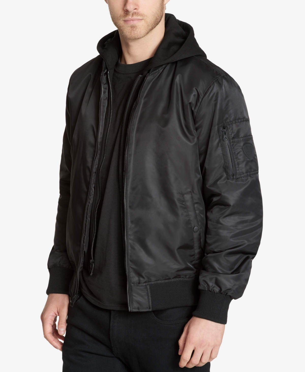 Guess Men s Bomber Jacket with Removable Hooded Inset Olive Smart Closet