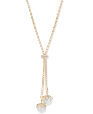 image of Charter Club Crystal & Imitation Pearl Lariat Necklace, 36