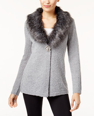 JM Collection Faux-Fur-Collar Brooch Cardigan, Created for Macy&#39;s - Sweaters - Women - Macy&#39;s