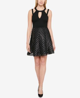 GUESS - Faux-Leather-Trim Fit & Flare Dress
