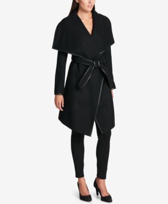 DKNY - Petite Faux-Leather-Trim Wrap Coat