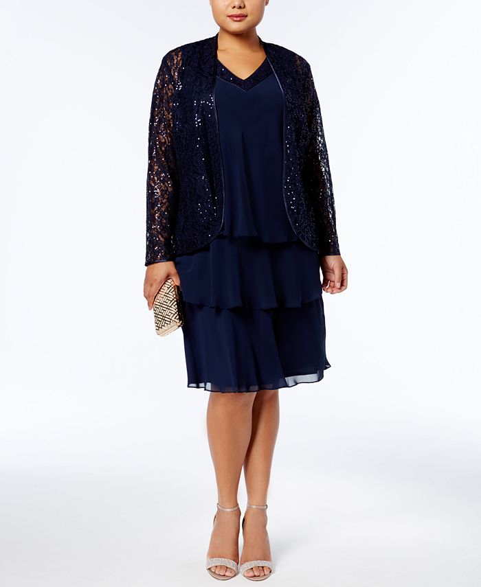 SL Fashions Plus Size Tiered Dress and Sequined Lace Jacket - Macy's