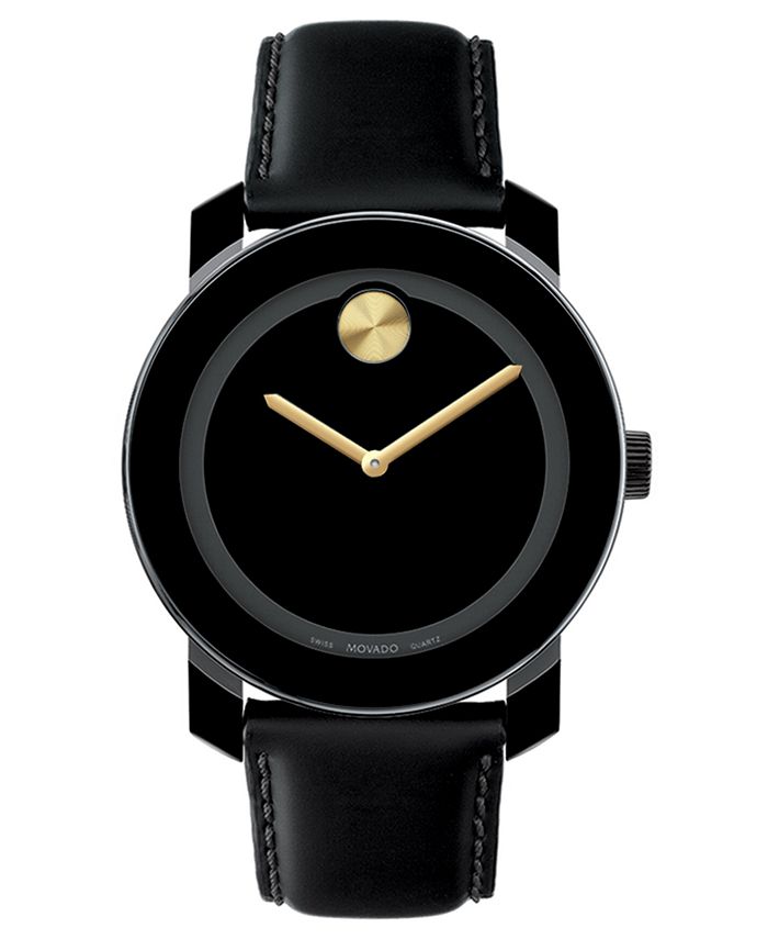 Movado - Unisex Swiss Bold Large Gold-Tone Accent Black Leather Strap Watch 42mm 3600046