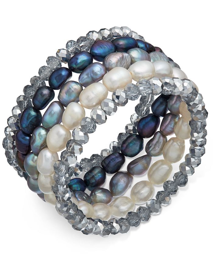 Macy's - 5-Pc. Set White, Gray & Peacock Cultured Freshwater Baroque Pearl (7mm) and Rondel Crystal Stretch Bracelets