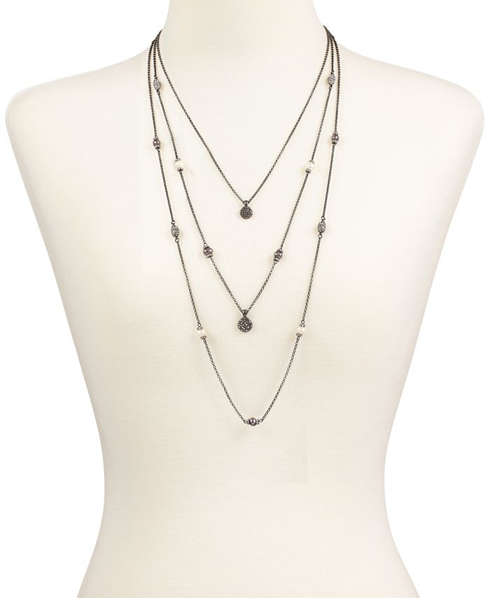 Lucky Brand Silver-Tone Imitation Pearl & Pavé Triple Layer Necklace ...