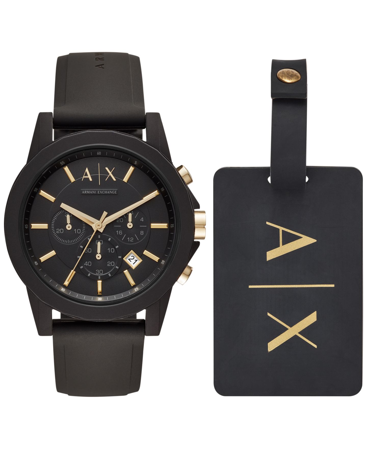 Мужские часы A|X Armani Exchange Chronograph Black Silicone Strap Watch 45mm Gift Set — фото 1