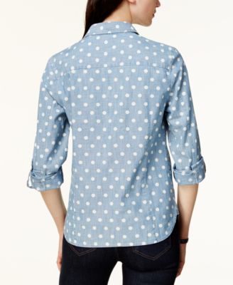 売れ筋商品|||トミー ヒルフィガー カットソー トップス レディース Women's Cotton Printed Roll-Tab Utility Shirt Chambray Tommy Hilfiger Women's Cotton Printed Roll-Tab Utility Shirt