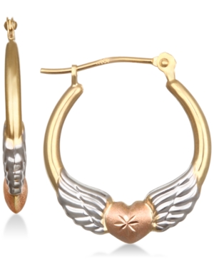 image of Tri-Color Winged Heart Hoop Earrings in 10k Gold